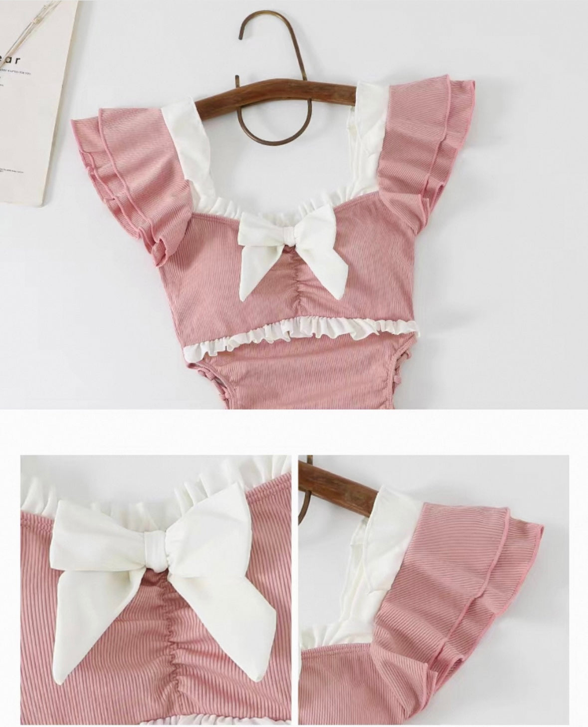 Korean Style Ruffle Bow Cutout One-Piece Swimsuit Kawaii Pink Bathing Suit